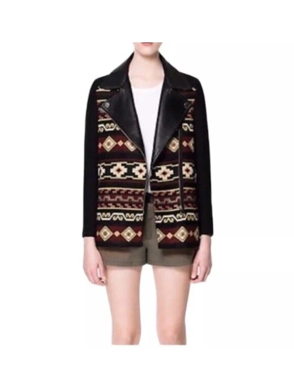 Zara Womens Size Small Knit Aztec Western Tribal Moto Leather Jacket Oversized - Picture 1 of 8